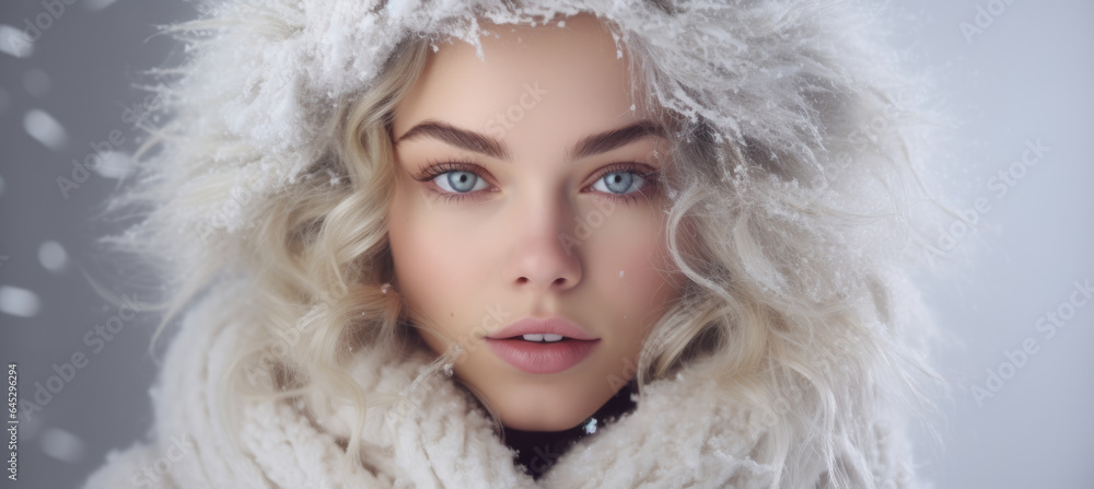 Winter banner with portrait of beautiful caucasian blonde woman face with clean fresh skin and copy space