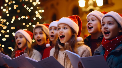 Teenagers Carolers singing traditional songs in city street on christmas eve