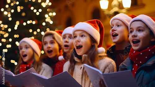Teenagers Carolers singing traditional songs in city street on christmas eve photo