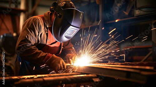 Welder with sparks flying, showcasing a skilled tradesperson working on a metal fabrication project wearing safety gear , welding industry concept