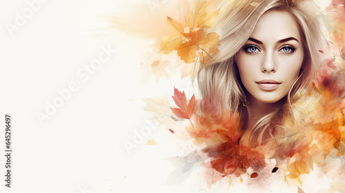 Autumn background Woman with leaves. Banner format, copy space.