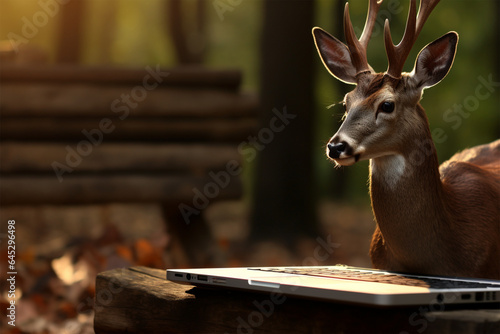 deer is using laptop HD natural background © mongkeyD