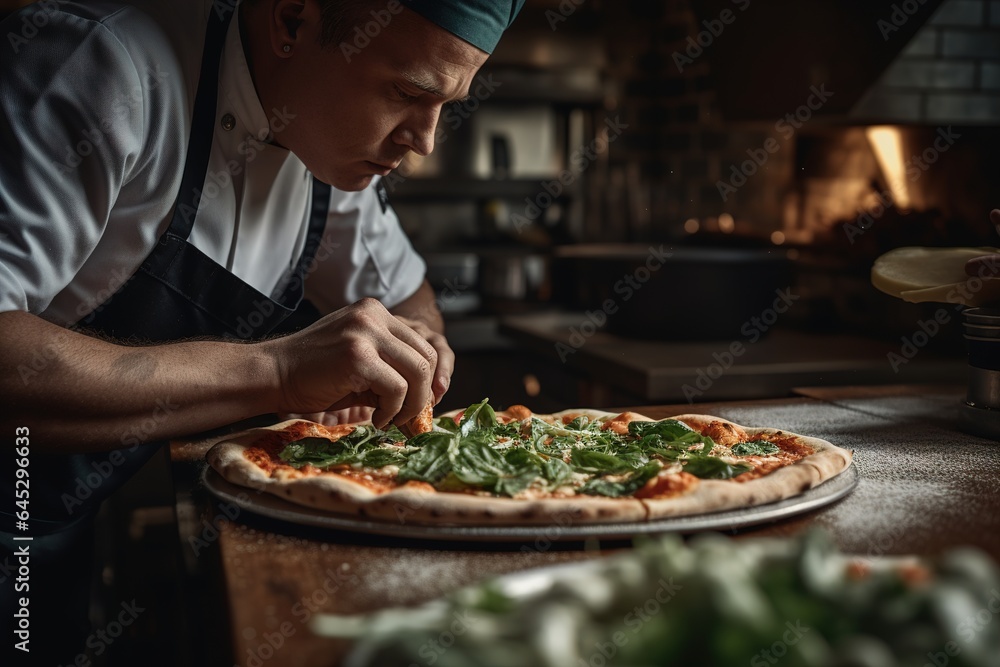 Pizza chef putting fresh basil on a pizza