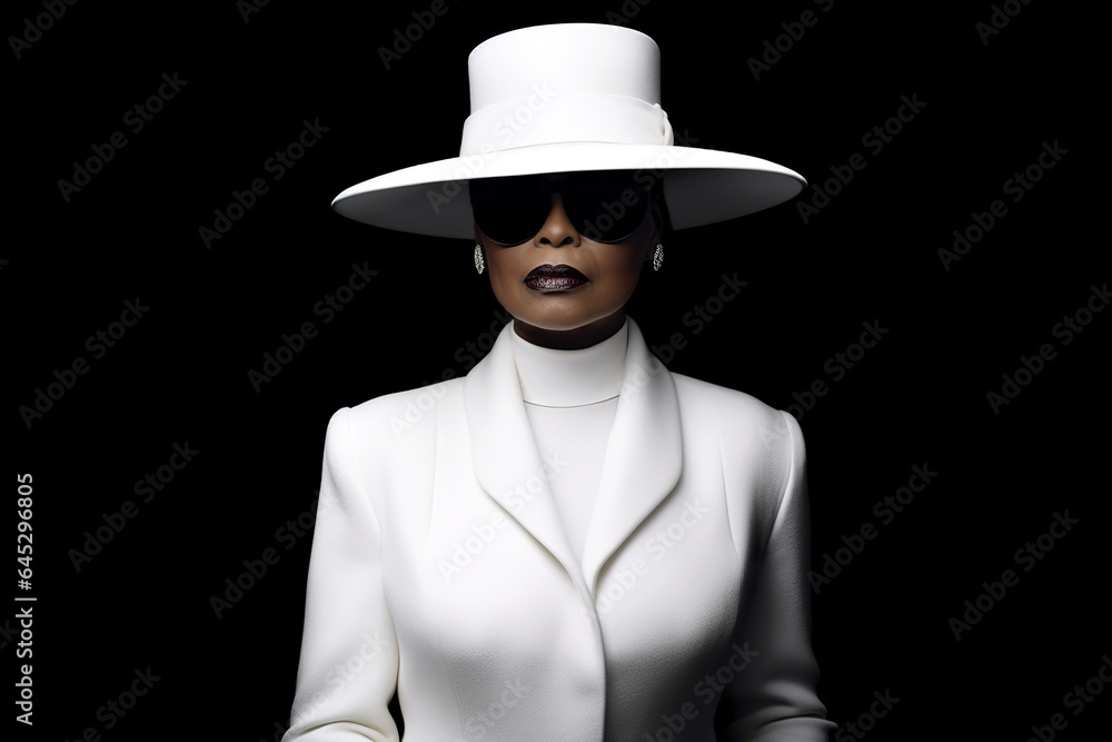 Black middle aged lady with white hat on black background Black middle aged lady with white hat on black background