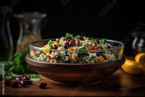 A quinoa and black bean salad in a clear plate