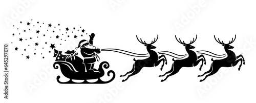 Santa Claus silhouette in sleigh with reindeers full of gifts and  christmas tree. Merry christmas and Happy new year decoration. Vector on transparent background
