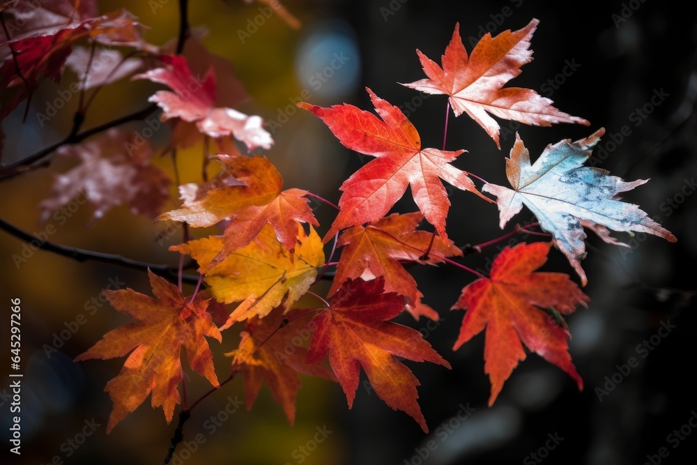 A vibrant autumn branch with colorful leaves