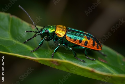A macro shot of a vibrant beetle perched on a leaf © Marius