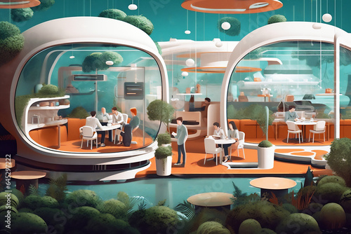 Restaurant in futuristic eco friendly style.