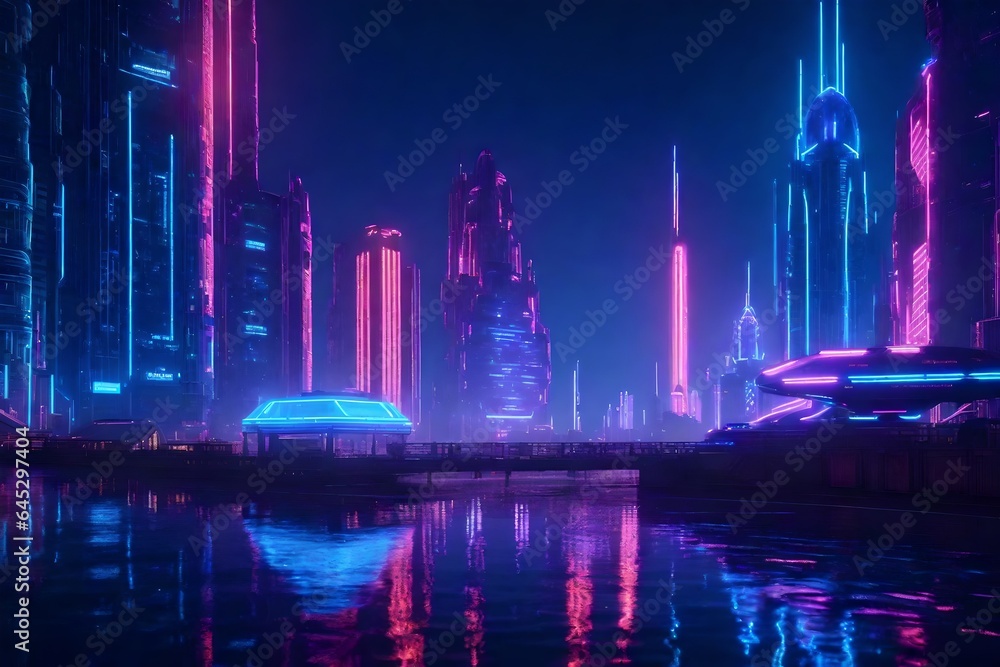 An otherworldly, neon-lit cyber cityscape with futuristic skyscrapers and hovercraft.