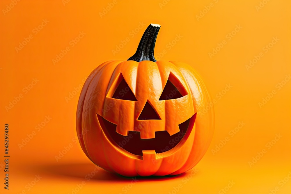 Halloween Pumpkin isolated on white a over orange background. Generative AI Halloween Pumpkin isolated on white a over orange background. Generative AI