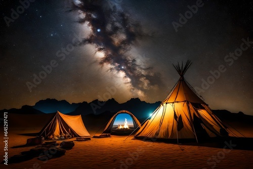 A nomadic tent under a star-studded desert sky, with a bonfire casting flickering shadows.