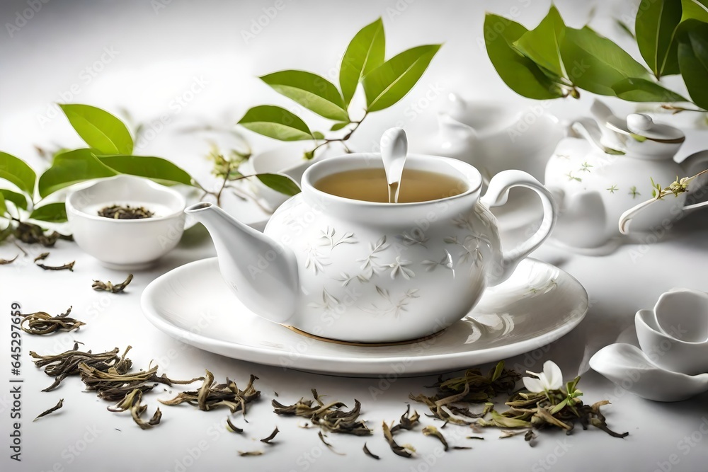 Capture the delicate charm of white tea in a serene setting, highlighting its pristine leaves and tranquil character. Capture the delicate charm of white tea in a serene setting, highlighting its pristine leaves and tranquil character.