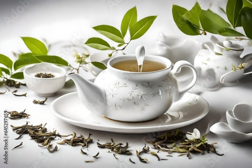 Capture the delicate charm of white tea in a serene setting, highlighting its pristine leaves and tranquil character.