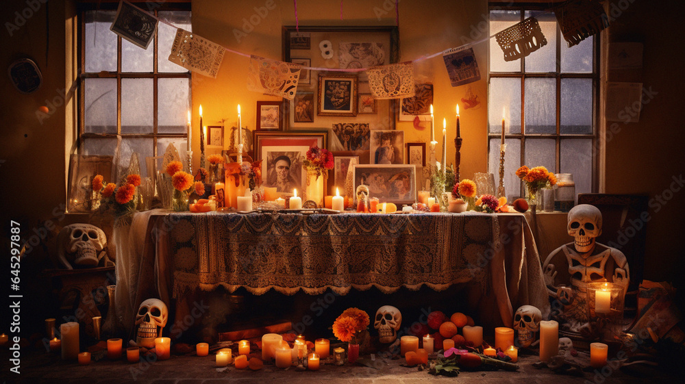 Enchanting Dia de los Muertos Altar in a Dimly Lit Setting