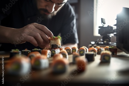 Sushi chef creating an intricate sushi set on wooden table