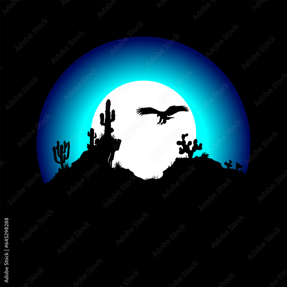 vector Landscape with desert silhouettes full of cactus, eagles and moonlight at night.
