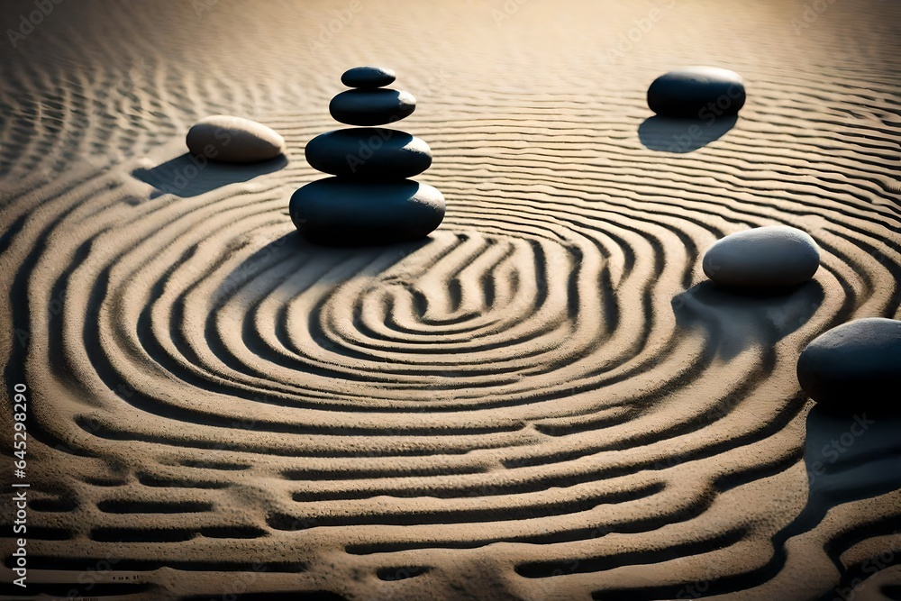 Fototapeta premium A tranquil Zen garden with raked sand and balanced stones, fostering inner peace and reflection.
