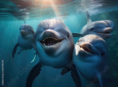 A group of dolphins looking at the camera