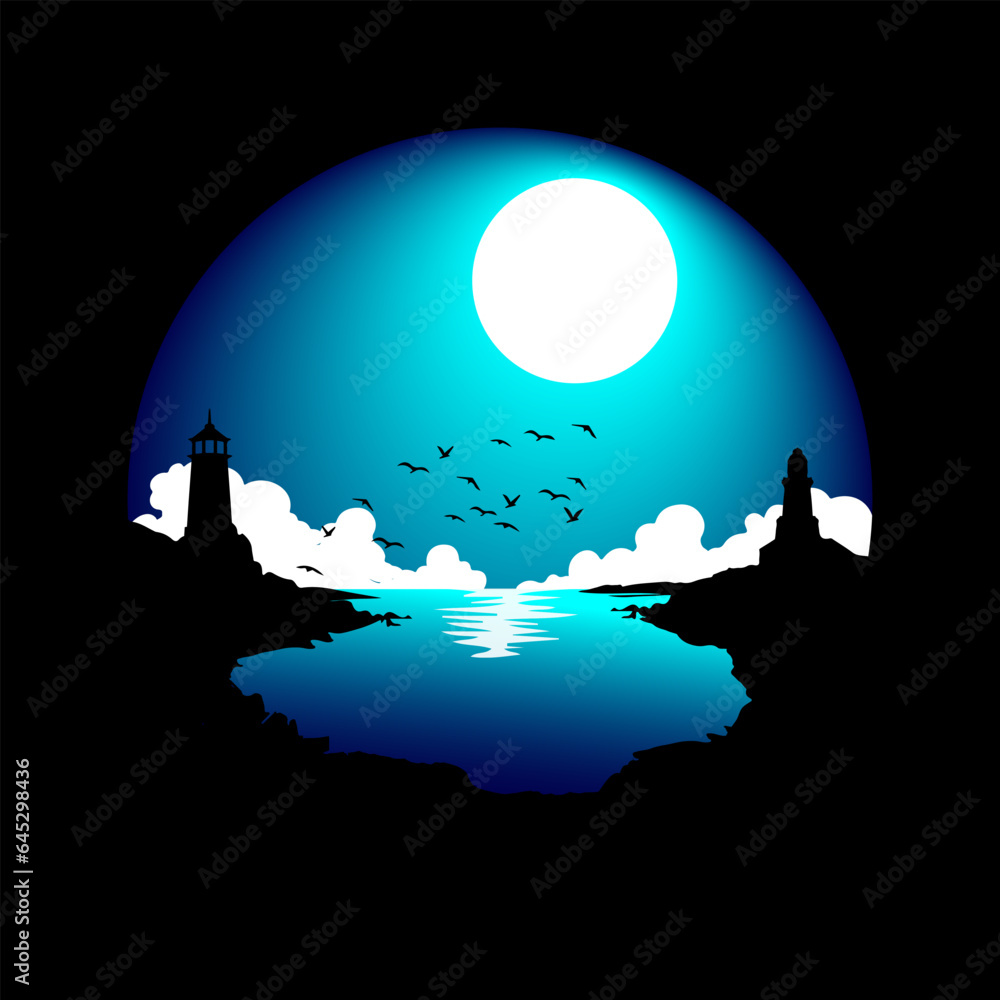 vector landscape with silhouette of bay with two piers, sea, flock of birds, clouds and night moon
