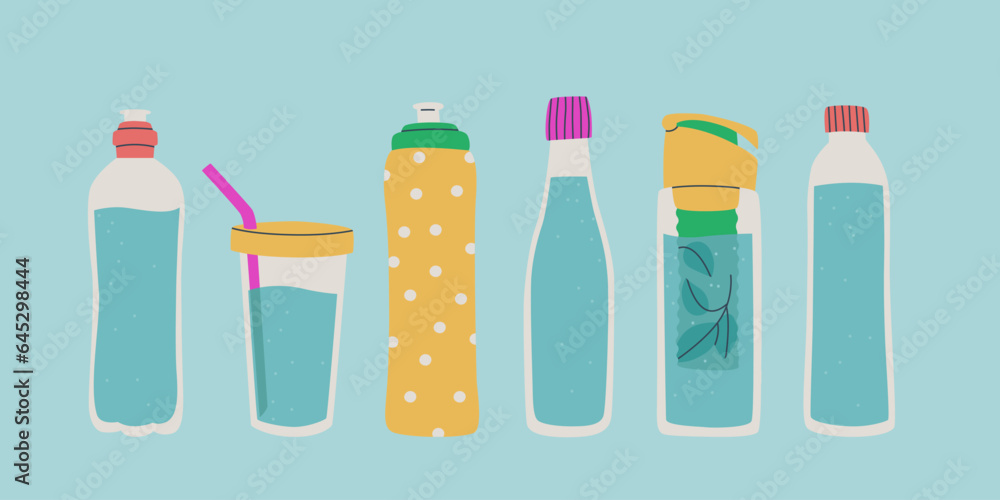 Set of different water bottles. Reusable glass container. Various bottle caps including a sports cap. Vector isolated illustration for design. Set of different water bottles. Reusable glass container. Various bottle caps including a sports cap. Vector isolated illustration for design.