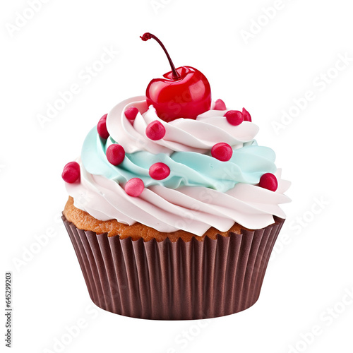 cupcake with cherry, icing isolated on transparent background Remove png, Clipping Path