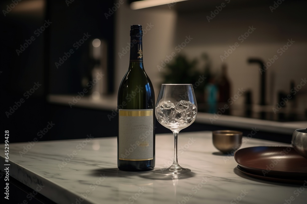 A glass fo wine sanding near wine bottle in modern kitchen