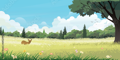 Countryside fields landscape with young deer, flowers, green hills, forest, clouds and blue sky background flat design vector  illustration.