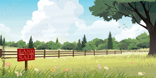 Land for sale sign in countryside fields landscape with clouds and blue sky background vector illustration. Real estate and property concept.