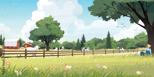 Livestock landscape have farmer sleeping under the big tree with his dog vector illustration. Rural farm flat design for eco or daily products advertisement.