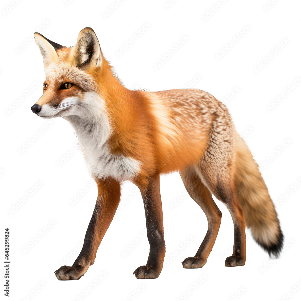 wild fox walking, side perspective, isolated on transparent png background, generative ai