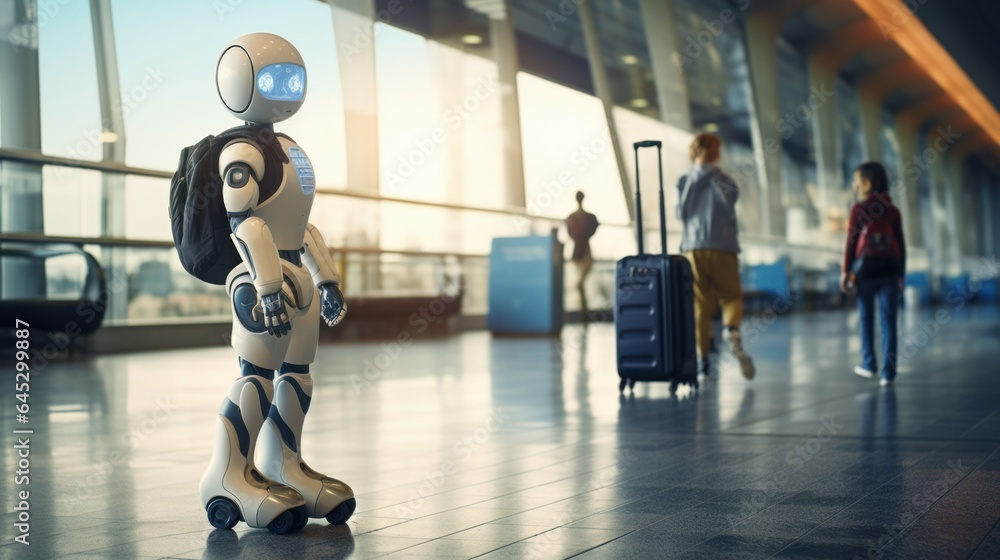 airport of the future with a robot - obrazy, fototapety, plakaty 