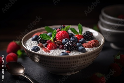 A photograph of a bowl of creamy coconut chia pudding