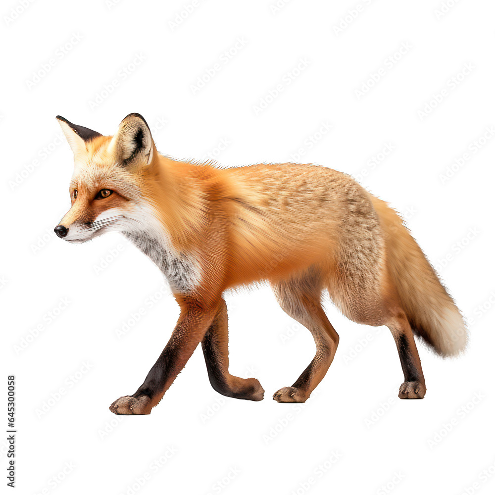 wild fox walking, side perspective, isolated on transparent png background, generative ai