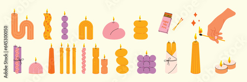Trendy colourful beeswax candle collection, various wax shapes and sizes. Matches, candlelight, stars. Hand drawn vector illustration. 