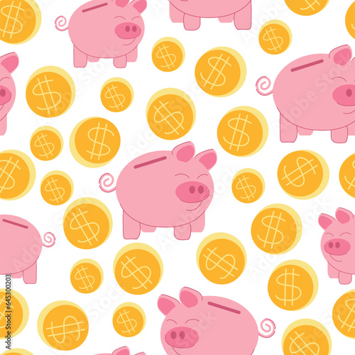 Seamless pattern piggy bank for money funny pig with gold coins with dollar sign. Vector illustration