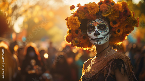 Lively Day of the Dead Street Procession Elaborate Skull Makeup, Vibrant Costumes, Sugar Skulls