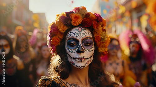 Lively Day of the Dead Street Procession Elaborate Skull Makeup  Vibrant Costumes  Sugar Skulls