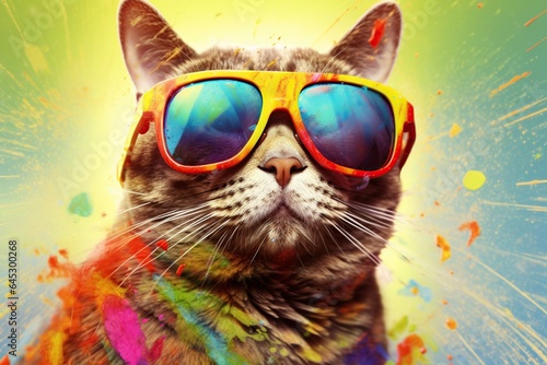 Generative Al of fantasy character with cat wearing colorful clothes and sunglasses dancing, Happy cat animal 