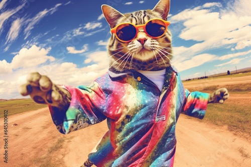 Generative Al of fantasy character with cat wearing colorful clothes and sunglasses dancing, Happy cat animal  © Vilaysack