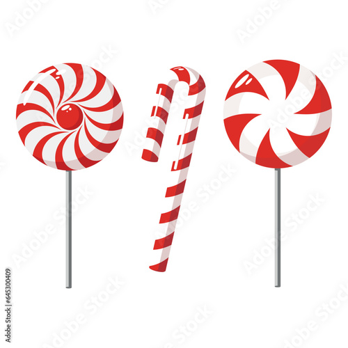 Sweet Christmas candy. Lollipop on a stick. Festive sweetness. Caramel candies. Sweet New Year's dessert.