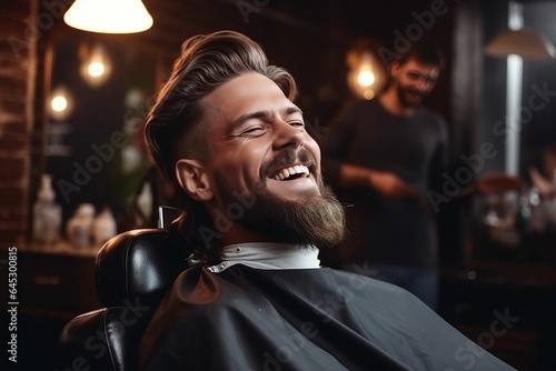 Handsome man in a armchair in a barbershop. New haircut. AI generative