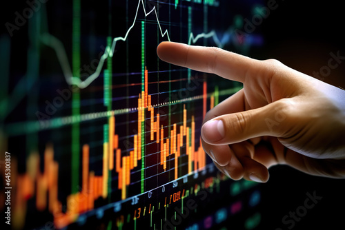 Businessman hand touching stock market graph on virtual screen. Financial and investment concept.