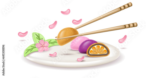 3d realistic japanese multicolored Daifuku mochi dessert on a plate. a whole and half a cake in rice dough. Serving dish with sakuri flowers and hashi holding mochi.