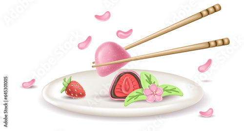 3d realistic japanese dessert Daifuku Mochi with strawberries on a plate. a whole and half a cake in rice dough. Served dish with sakuri flowers and hashi