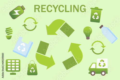 
Recycling things. Zero waste. Recycling of raw materials. Renewable energy sources. Vector illustration