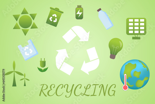 Set of icons in flat style. Symbols of recycling and reuse. Protecting the planet from global warming. Alternative methods of energy generation.