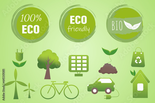 Renewable energy illustration. Symbols showing eco-friendly living and the environment. Icons symbolizing recycling. Vector illustration