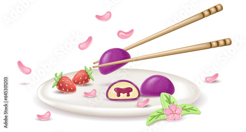 3d realistic japanese dessert Daifuku Mochi with passion fruit jam on a plate. a whole and half a cake in rice dough. Served dish with sakuri flowers, strawberries