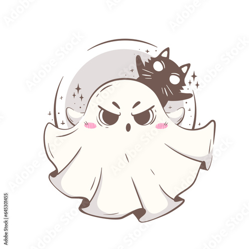 Cute cartoon ghost and cat scare, instill fear. Halloween character vector illustration in pink retro colors
